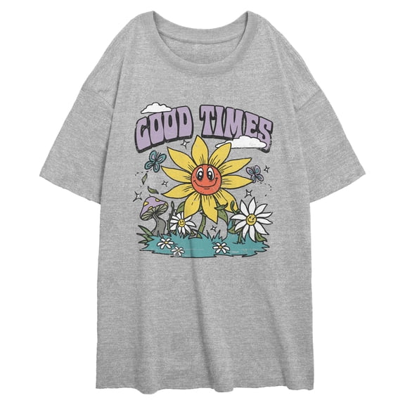 Junior's Lost Gods Good Times Smiley Flowers Graphic Oversized T-Shirt
