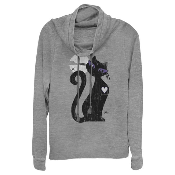 Junior's Lost Gods Halloween Full Moon Black Cat Heart Cowl Neck Sweatshirt Gray Heather 2X Large