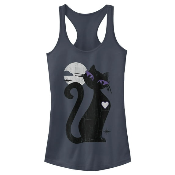 Junior's Lost Gods Halloween Full Moon Black Cat Heart Racerback Tank Top Indigo Small