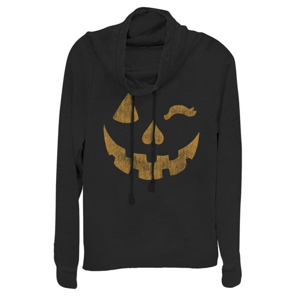 Junior's Lost Gods Halloween Jack-o'-Lantern Wink  Cowl Neck Sweatshirt Black X Small