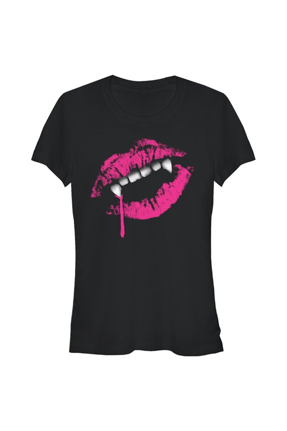 Junior's Lost Gods Halloween Lipstick Vampire Fangs Graphic Tee Black Medium