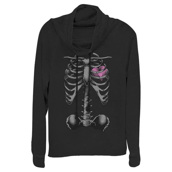 Junior's Lost Gods Halloween Skeleton Rib Cage Heart Cowl Neck Sweatshirt Black Medium