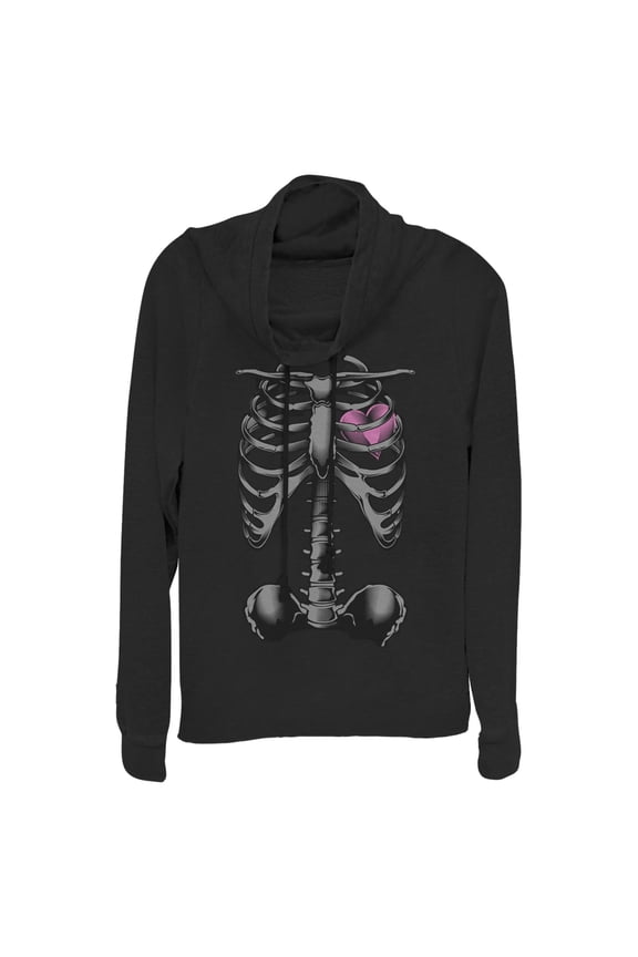 Junior's Lost Gods Halloween Skeleton Rib Cage Heart Cowl Neck Sweatshirt Black Small