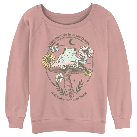 Junior's Lost Gods Happy Soul Frog  Sweatshirt Desert Pink 2X Large