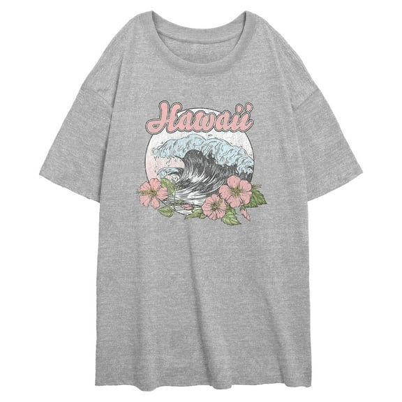 Junior's Lost Gods Hawaiian Waves and Flowers Graphic Oversized T-Shirt