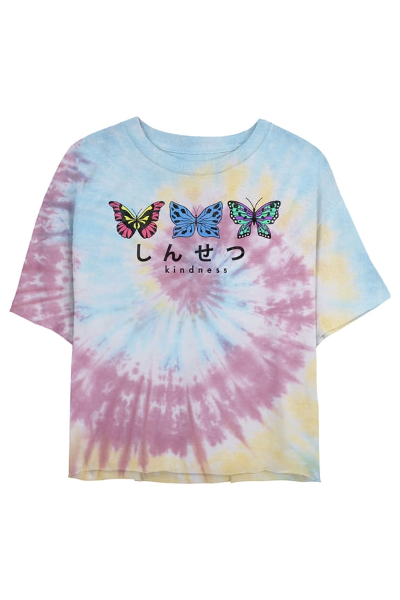 Juniors' Lost Gods Kindness Butterflies Cropped T-Shirt Blue/Pink/Light Yellow Large
