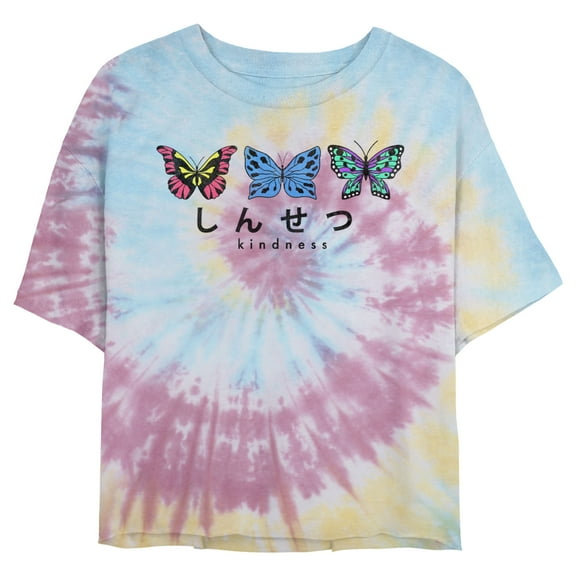 Juniors' Lost Gods Kindness Butterflies Cropped T-Shirt Blue/Pink/Light Yellow X Large
