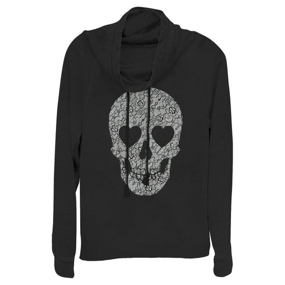 Junior's Lost Gods Lace Print Heart Skull  Cowl Neck Sweatshirt Black X Small
