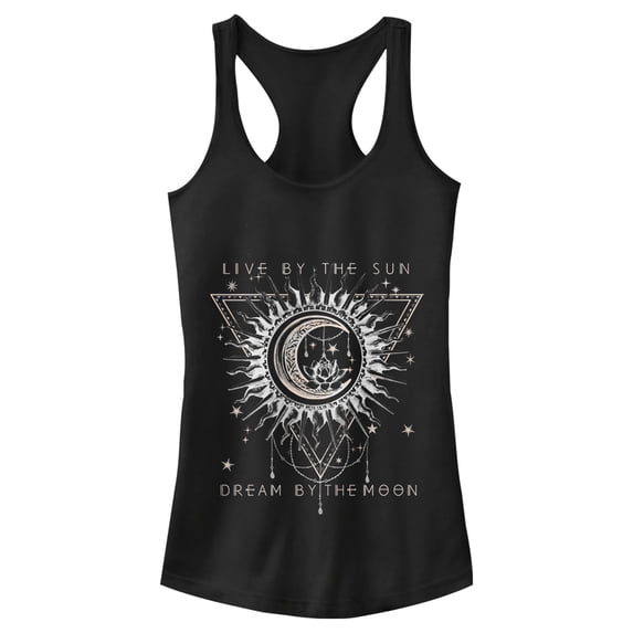 Junior's Lost Gods Live By Sun Dream By Moon Pattern Racerback Tank Top Black Large