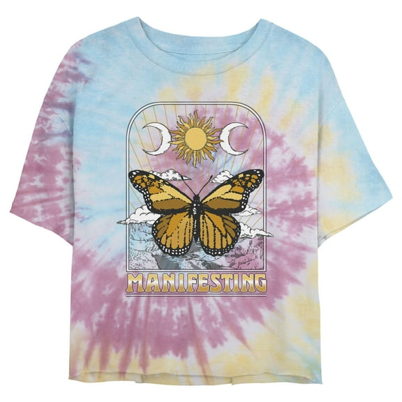 Juniors' Lost Gods Manifesting Butterfly Cropped T-Shirt Blue/Pink/Light Yellow Small