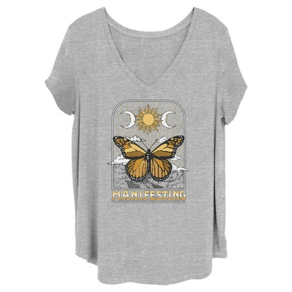 Junior's Lost Gods Manifesting Butterfly Graphic Tee Heather Gray 1X