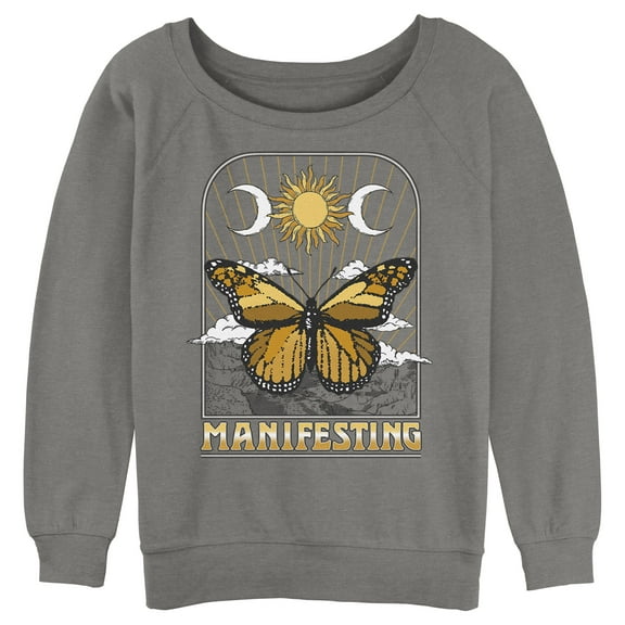 Junior's Lost Gods Manifesting Butterfly  Sweatshirt Gray Heather Medium