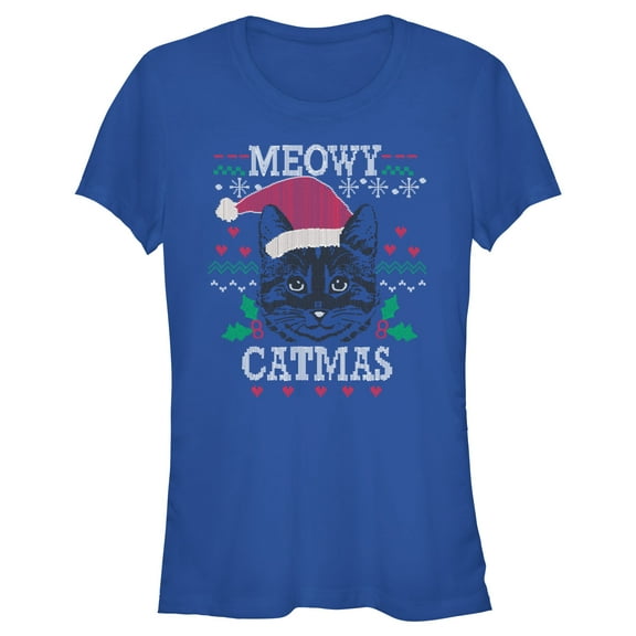 Junior's Lost Gods Meowy Catmas Knit  Graphic Tee Royal Blue X Large