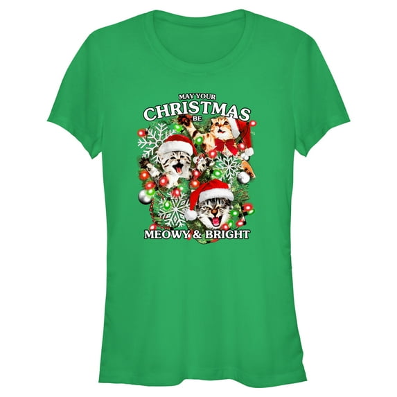 Junior's Lost Gods Meowy and Bright Christmas Graphic Tee Kelly Green Small