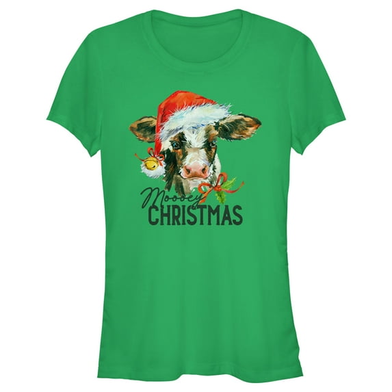 Junior's Lost Gods Moooey Christmas Cow Graphic Tee Kelly Green Small