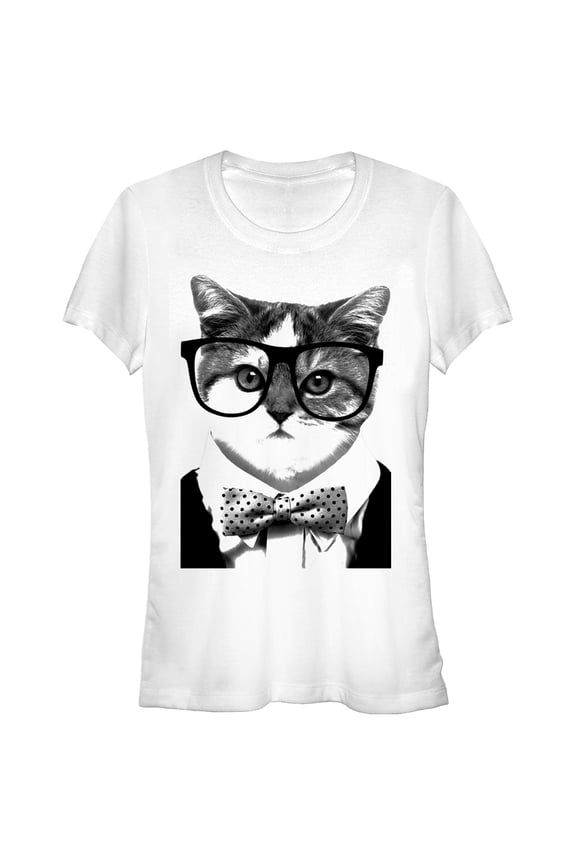 Junior's Lost Gods Nerd Glasses Bowtie Cat Graphic Tee White Medium