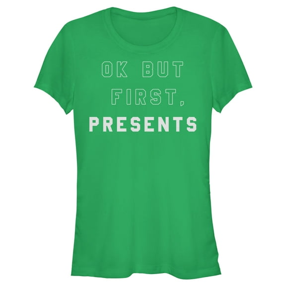 Junior's Lost Gods Ok but First Presents Graphic Tee Kelly Green Small