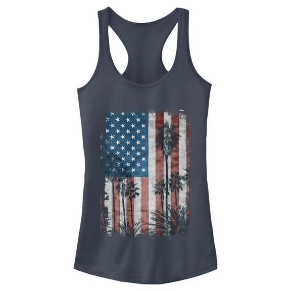 Junior's Lost Gods Palm Tree American Flag  Racerback Tank Top Indigo Medium