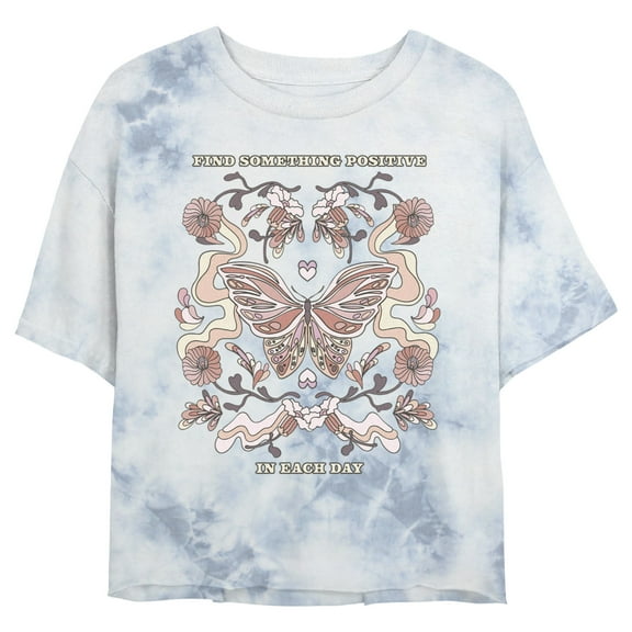 Junior's Lost Gods Positive Day Boho Butterfly Graphic Crop T-Shirt White/Blue Small