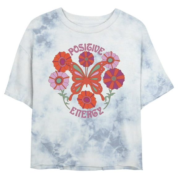 Junior's Lost Gods Positive Energy Butterfly Logo Graphic Crop T-Shirt White/Blue Small