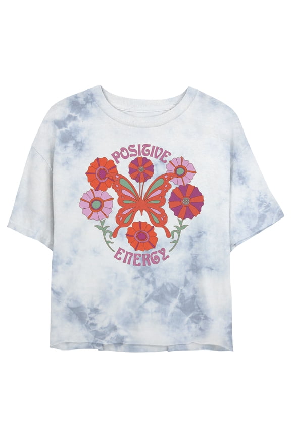 Junior's Lost Gods Positive Energy Butterfly Logo Graphic Crop T-Shirt White/Blue Small