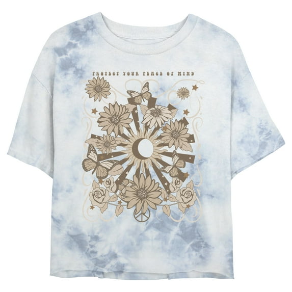 Junior's Lost Gods Protect Your Peace of Mind Sunshine Graphic Crop T-Shirt White/Blue X Large