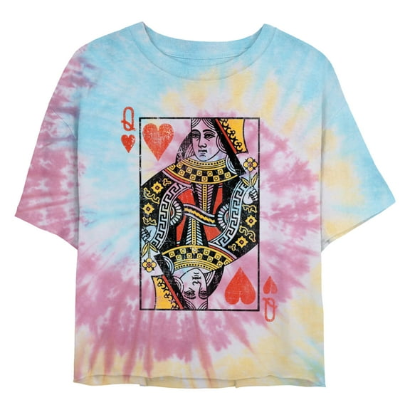 Juniors' Lost Gods Queen of Hearts Card Graphic Cropped T-Shirt