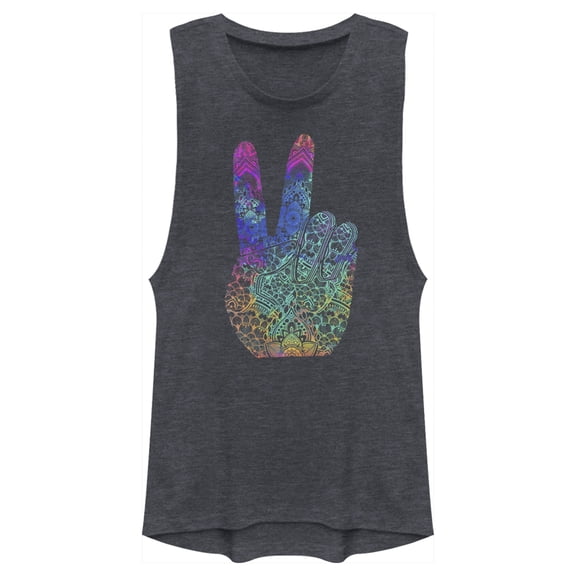 Junior's Lost Gods Rainbow Henna Peace Festival Muscle Graphic Tee Denim Blue Heather Medium