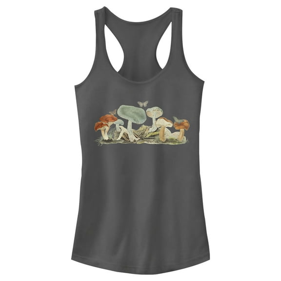 Junior's Lost Gods Retro Mushrooms  Racerback Tank Top Charcoal 2X Large
