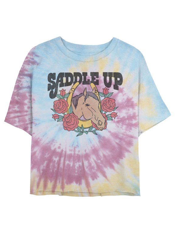 Juniors' Lost Gods Saddle Up Horse Cropped T-Shirt Blue/Pink/Light Yellow Small