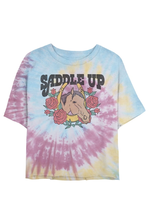 Juniors' Lost Gods Saddle Up Horse Cropped T-Shirt Blue/Pink/Light Yellow X Large