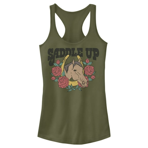 Junior's Lost Gods Saddle Up Horse  Racerback Tank Top Military Green Small