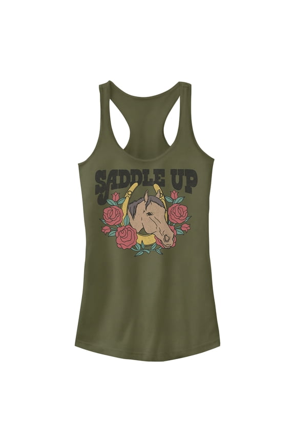 Junior's Lost Gods Saddle Up Horse Racerback Tank Top Military Green Small