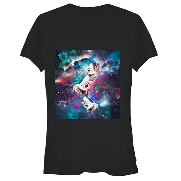 Junior's Lost Gods Shark Kittens in Space  Graphic Tee Black Small