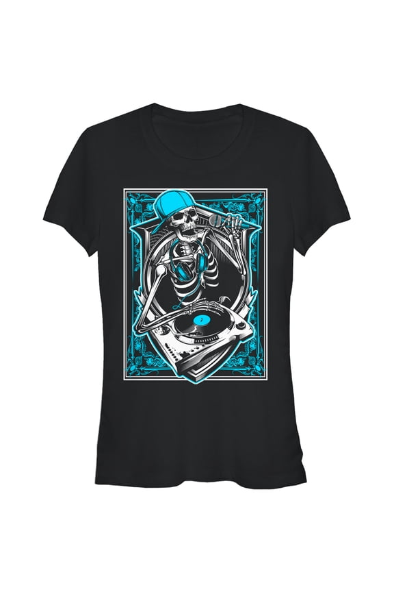 Junior's Lost Gods Skeleton DJ Graphic Crop T-Shirt Black X Large