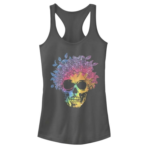 Junior's Lost Gods Skull Roses  Racerback Tank Top Charcoal Small