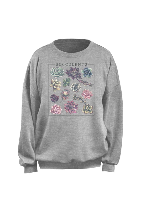 Junior's Lost Gods Succulents Grid Sweatshirt Heather Gray Medium