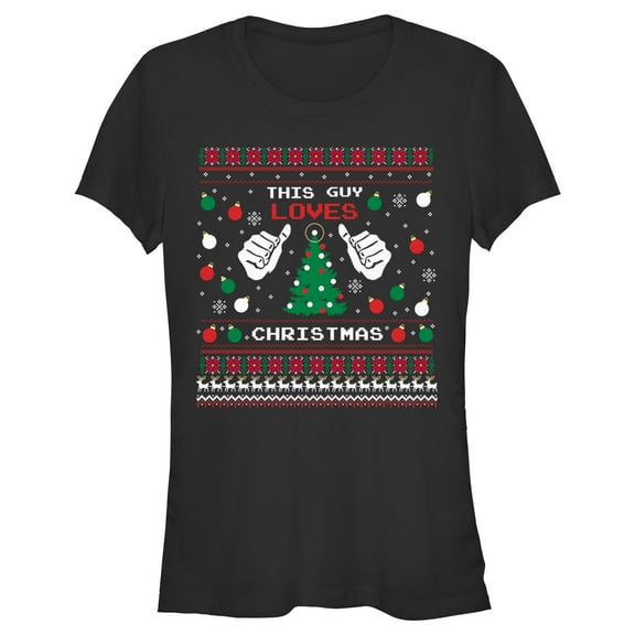Junior's Lost Gods This Guy Loves Christmas Sweater Print Graphic Tee Black Medium