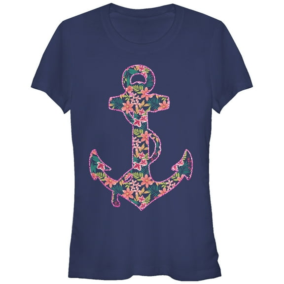 Junior's Lost Gods Tropical Print Anchor Graphic Tee Navy Blue Large