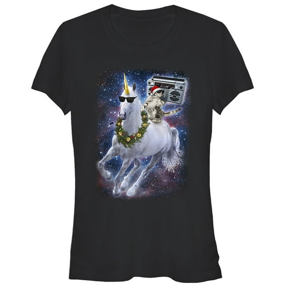 Junior's Lost Gods Ugly Christmas Boombox Cat Unicorn  Graphic Tee Black 2X Large