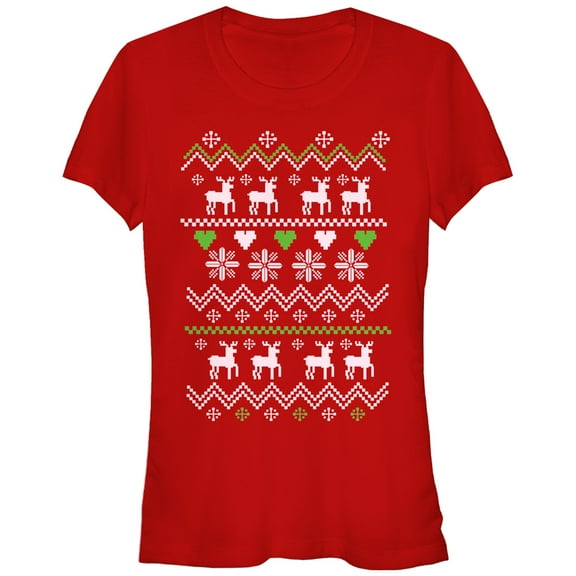 Junior's Lost Gods Ugly Christmas Reindeer & Hearts Graphic Tee Red Medium