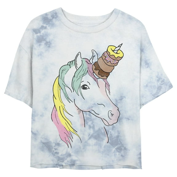 Junior's Lost Gods Unicorn Rainbow Doughnuts Graphic Crop T-Shirt White/Blue Small
