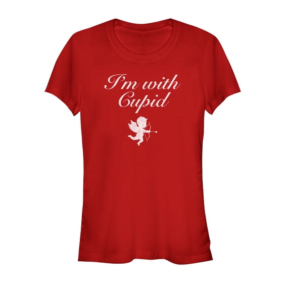 Junior's Lost Gods Valentine's Day I'm With Cupid Cursive  Graphic Tee Red Small