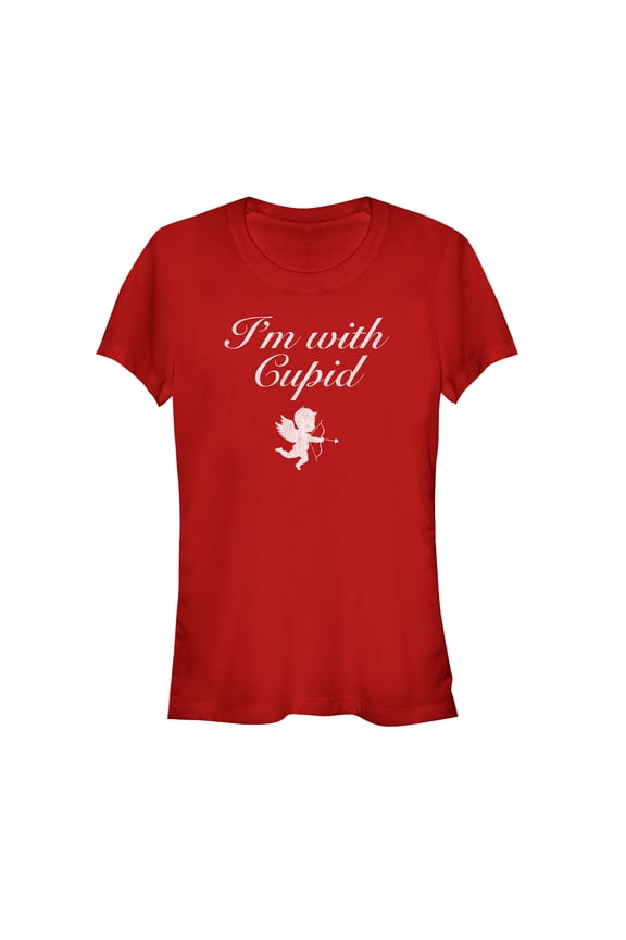 Junior's Lost Gods Valentine's Day I'm With Cupid Cursive Graphic Tee Red Small
