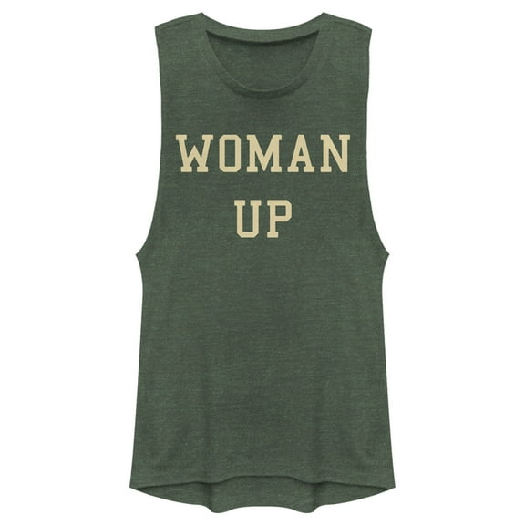 Junior's Lost Gods Woman Up  Festival Muscle Graphic Tee Pine Green Heather Small