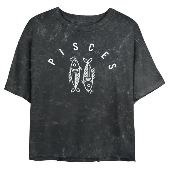 Junior's Lost Gods Zodiac Pisces Line Symbol Graphic Crop T-Shirt Black 2X Large