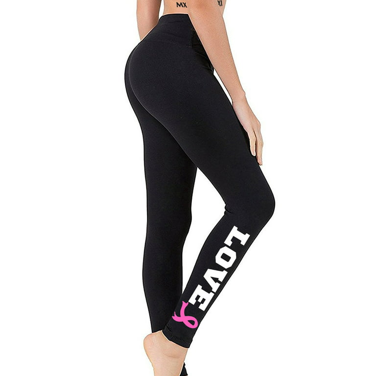 Junior's Love Pink Ribbon TV76 Black Athletic Workout Leggings Thights One  Size + (XL-3XL)