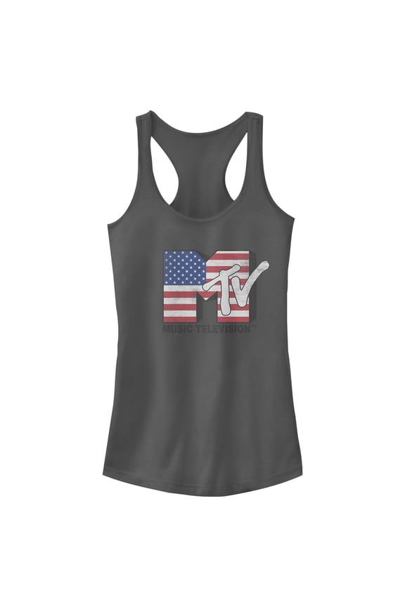 Junior's MTV 3D Flag Logo Racerback Tank Top Charcoal X Large