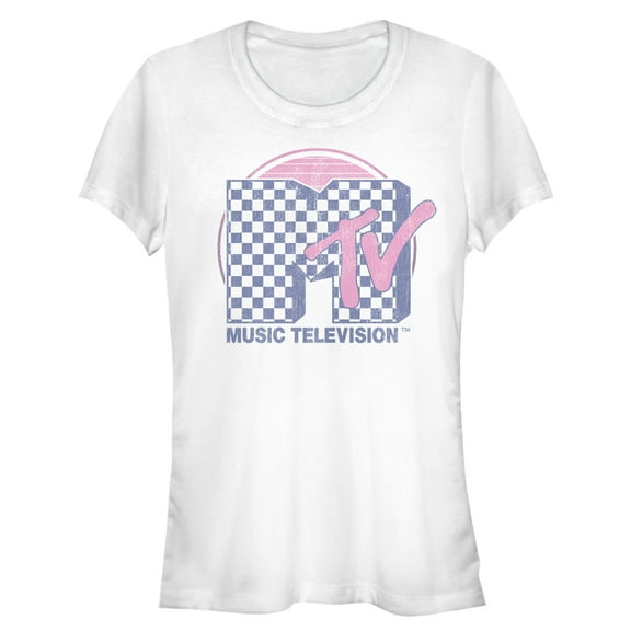 Junior's MTV Checkerboard Logo  Graphic Tee White Large
