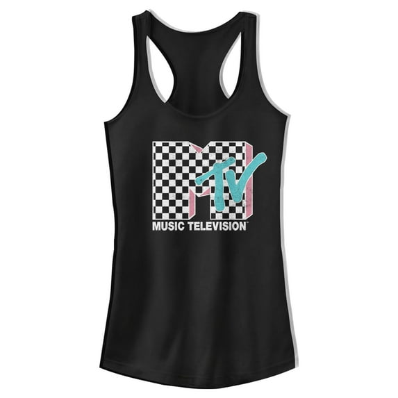 Junior's MTV Checkered Retro Logo Racerback Tank Top Black X Small